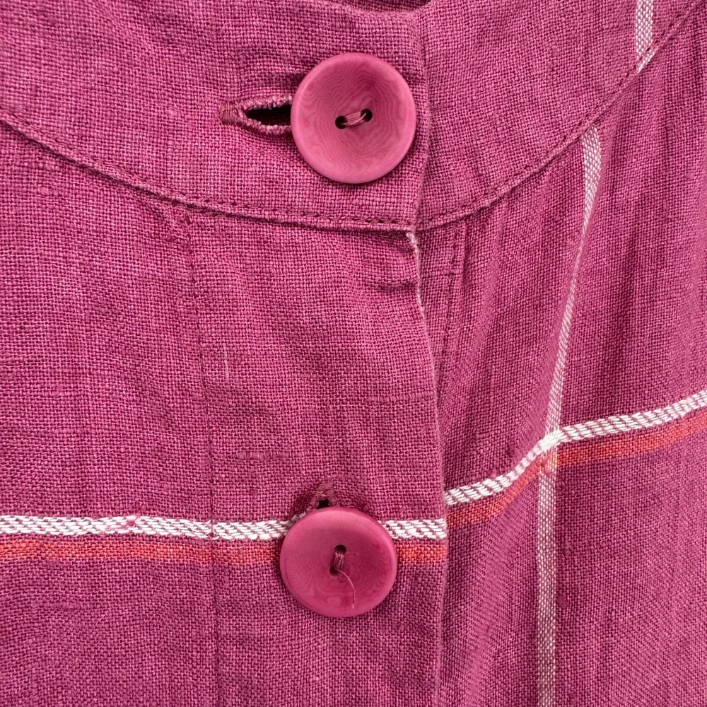Flax Button Front Jacket Womens Small Pink Windowpane Plaid 100% Linen Boxy
